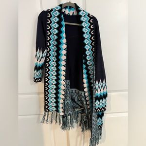 Boho Fringe Blue Poncho Sweater